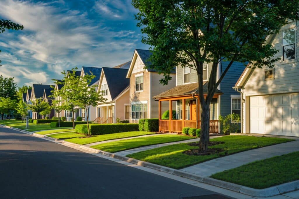 A quiet suburban street lined with well-maintained houses featuring various architectural styles. Trees and shrubs are present in front yards, casting shadows on the manicured lawns under a partly cloudy sky.